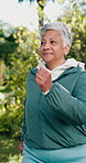 Park, cardio and senior woman with morning for fitness, exercise or training for wellness. Retirement, health and routine with old person outdoor with smile, workout and active steps in nature