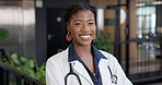 Face, woman and doctor with smile, healthcare and wellness service at eco friendly clinic. Medical trust, happy and black person at green hospital, about us and portrait of confident professional