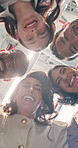 Face, huddle and people in office with smile, teamwork and partnership for about us at company. Below, portrait and employees in workplace with flare, collaboration and solidarity for synergy mission
