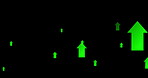 Trading, dashboard and arrows for market growth, rising shares or price rebound on dark display. Digital icons, stock exchange and positive movement for investment gain, bull run and value increase
