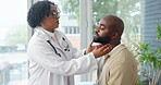 Medical, doctor or man with consulting for sore throat, thyroid exam or health check for infection. Healthcare, worker and patient in ENT clinic checkup for sore lymph nodes, tonsillitis or diagnosis