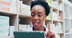 Doctor, tablet and video call in pharmacy for Telehealth, healthcare advice or cure in dispensary. Black woman, pharmacist or employee talking with technology or medication for pharmaceutical help