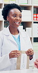 Medication, pharmacist and woman with explanation in pharmacy for side effects or customer. Medicine, discussion and chemist with person for dosage instructions, pill box and dispensary in drug store
