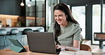 Remote work, smile or woman in home with laptop, project review or email feedback on creative pitch. WFH, happy and marketing expert with tech, report update and proposal draft on brand campaign.