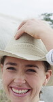 Face, cowgirl and woman with horse, walk and laughing on peaceful adventure in countryside and farm. Happy person, portrait and bonding with animal in nature, trip together and training stallion