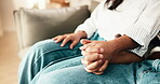 Love, couple and holding hands in home with trust, relationship commitment and bonding together. Sofa, people or connection with care for solidarity, partner support or romantic security with loyalty