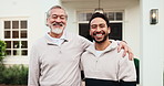 Home, dad and adult son with smile for family property, real estate or retirement inheritance. Portrait, father and happy man with hug, support or love for financial investment, security or safety