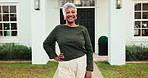 Property, face and happy woman outdoor with pride, fresh start and investment in dream home. Real estate, portrait and mature person with laugh, housing achievement and confidence as new homeowner.