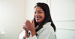 Face, woman and drinking coffee in home with peace, calm or happiness with beverage on weekend break. Tea, relax and female person in house with smile in morning, wellness and me time for self care