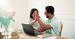 Smile, couple and high five at house with laptop, good news and finance success of savings goal. Happy, people and email in lounge with tech, celebration and rebate notification for financial freedom
