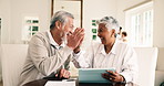 Smile, old couple and high five at house with tablet, good news and success of retirement savings. Happy, senior people and email in home with tech, celebration and debt free for financial freedom