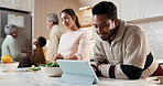 Family, cooking and research with tablet in kitchen for vegetarian recipe or meal prep together. Parents, grandparents or child with technology or ingredients for organic cuisine or salad in home