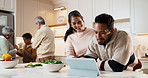 Family, cooking and smile with tablet in kitchen for vegetarian recipe or meal prep together. Parents, grandparents or child with technology or ingredients for organic cuisine, food or salad in home