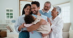 Big family, baby and smile in home with love, support and bonding in living room for relationship. People, men and women with child, weekend and happy in lounge for generations and relax together
