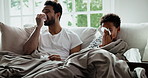Sick, father and child in home with blowing nose, influenza or cold congestion in allergy season. Wellness, dad and son on sofa with paper napkin, family flu or viral infection with household risk.