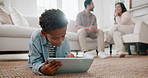Child, relax and playing at house with tablet, internet search and download games for education. Smile, parents and kid in lounge with digital app, browsing website and online video for e learning 