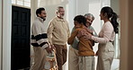 Grandparents, hug and child at house for greeting, family reunion and holiday arrival with smile. People, welcome and parents in home with generations, embrace kid and homecoming gathering for visit