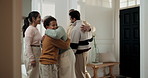 Grandparents, hug and child at house for welcome, family reunion and holiday arrival with smile. People, greeting and parents in home with generations, embrace kid and homecoming gathering for visit