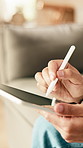 Man, hands and sketch in house with tablet, remote work and graphic designer for creative campaign. Person, stylus and tech in home with freelance job, online project or digital art for logo design
