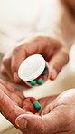 Health, container and hands of person with pills for treatment, antibiotics or medicine for recovery. Pour, home and man with medication, tablets and capsule for prescription, wellness or healthcare