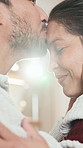 Care, smile and couple kiss in home, trust and partner loyalty with relationship wellness. Forehead touch, man and woman with romantic commitment, flare and deep connection with soulmate for love
