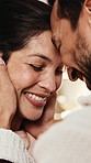 Love, smile and couple with care, trust and partner loyalty with relationship wellness in home. Forehead touch, man and woman with romantic commitment, happiness and deep connection with soulmate