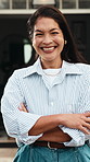 Property, face or woman in front yard with arms crossed, fresh start or investment in dream home. Real estate, pride or happy person with portrait, housing achievement or confidence as new homeowner.