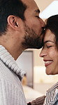 Love, smile and couple with kiss, trust and hug with partner loyalty for relationship wellness. Embrace, man and woman with romantic commitment, happiness and deep connection with soulmate in home