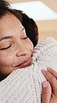Love, smile and couple hug in home, trust and partner loyalty with relationship wellness for care. Embrace, man and woman with romantic commitment, happiness and deep connection with soulmate