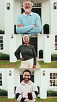 Real estate, face and people in front yard with pride, montage and investment in dream house. Happy, senior person and man with arms crossed, housing success and confidence as residential homeowner.