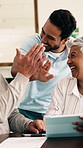 Smile, family and tablet at house with high five, good news and achievement of loan approval. Old people, adult son and celebration in home with tech, savings victory and finance goals for retirement
