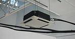 Ceiling, fan or roof with air conditioner for cooling system, control or temperature regulation. Empty, cables or installation with filter machine for clean energy, gas ventilation or circulation 