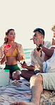 Friends, relax and watermelon at beach with summer holiday, gossip and bonding together for weekend. People, chill and eating fruit outdoor by ocean with hangout, conversation and tropical vacation.