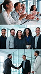 Happy, meeting and business people with team in office for work operations, deal or collaboration. Collage, group or employees with applause or handshake for about us or company values in workplace