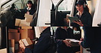 Collage, delivery and woman with tablet, boxes and clipboard for shipping, invoice and logistics. Happy, headphones and person with package, scanner and tech for courier service, order and shipment