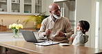 Remote work, distraction or family with laptop, frustrated or childcare issue in retirement. Stress, grandfather or black girl with interruption, household responsibility or WFH challenge in home.