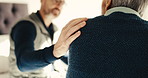 Caregiver, hand and old person in bedroom of senior care home for healthcare, discussion or support. People, health worker and retirement with elderly patient for conversation, recovery or advice