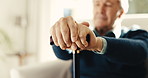 Thinking, hands and senior man with walking stick for nostalgia, reflection and remember in home. Retirement, pensioner and person with memory, thoughtful and cane for support, balance and aid