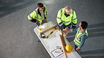 Above, architect and handshake on site with blueprint, design approval and property development deal. Architecture, people and shaking hands in building with manager, floor plan validation or success