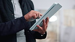 Tablet, research and hands of businessman in office with update on finance report with budget review. Digital technology, scrolling and financial advisor with email for stock market investment.