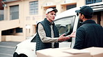 Delivery, man and fight with boxes in van for wrong packages, freight issue or overload. Frustrated, male person or courier guy with full vehicle for cargo distribution, storage mistake or delay