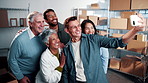 Happy, team and selfie of people for supply chain, logistics and about us at distribution business. Smile, office and workers with photo for memory, website and social media at shipping startup