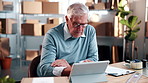 Mature, man and logistics with tablet in small business for online distribution or delivery service. Businessman, employee or checking schedule with technology for courier app, shipping or dispatch
