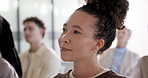 Woman, listening and seminar with crowd in office for presentation, business workshop or speech. Female person, employee or staff training in group conference for company convention in workplace