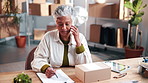 Small business, clipboard or woman with phone call for logistics, parcel enquiry or delivery update. Shipping startup, mature worker and mobile chat for package info, courier coordination or schedule