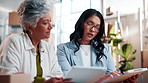 Tablet, discussion and women in office for logistics, distribution or information on order. Research, digital technology and supply chain worker with manager with checklist for cargo in workplace.