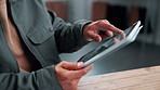 Hands, small business and man on tablet for inventory management, online order or digital receipt. Logistics, person and tech for supply chain app, ecommerce or delivery invoice for distribution