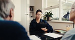 Advisor, talking and old couple at house with clipboard, finance report and advice for last will. Woman, meeting and senior people in home with checklist, financial security and inheritance planning