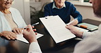 Hands, advisor and old couple at house with clipboard, finance report and advice for last will. Broker, consulting or senior people in home with checklist, financial security and inheritance planning