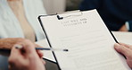 Hands, lawyer and old couple at house with clipboard, application and beneficiary of last will. Attorney, reading and senior people in lounge with contract, testament notary and inheritance planning